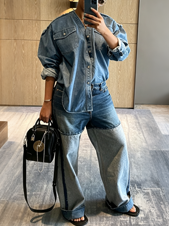 Loose Color Block Casual Split Joint Jeans - Image 2
