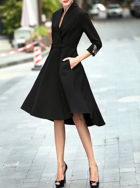 Black Embroidered 3/4 Sleeve Midi Dress - StyleWe.com