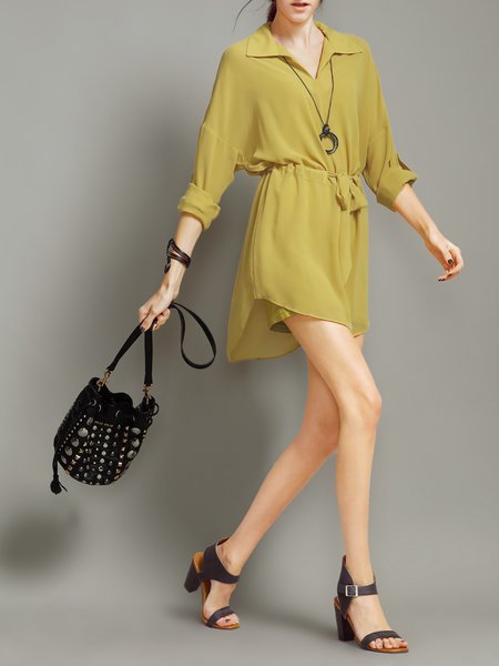 Resultado de imagen para Yellow Shirred Simple Shirt Collar Mini Dress