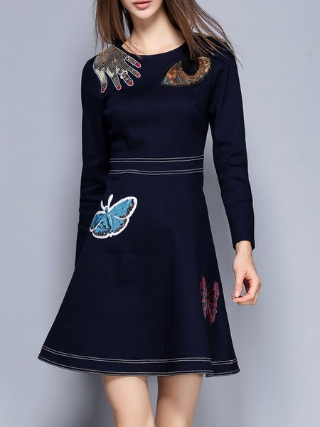 Dark Blue Cute Sequins Embroidered Mini Dress