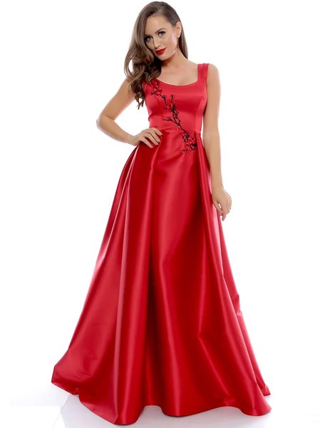 ROSERRY Red Embroidered Ball Gown Sleeveless Evening Dress 