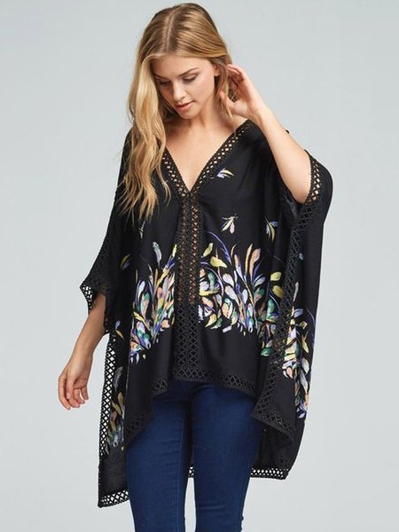 Lace Trim Graphic Printed Casual Shift Batwing Kimono