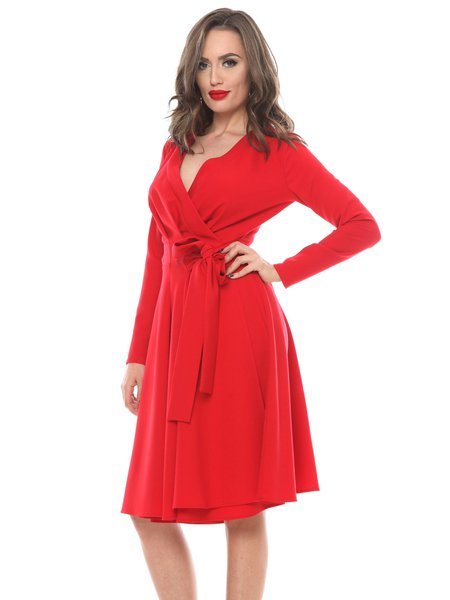 Red Elegant Long Sleeve Solid Surplice Neck Wrap Dress with Drawstring Waist
 
