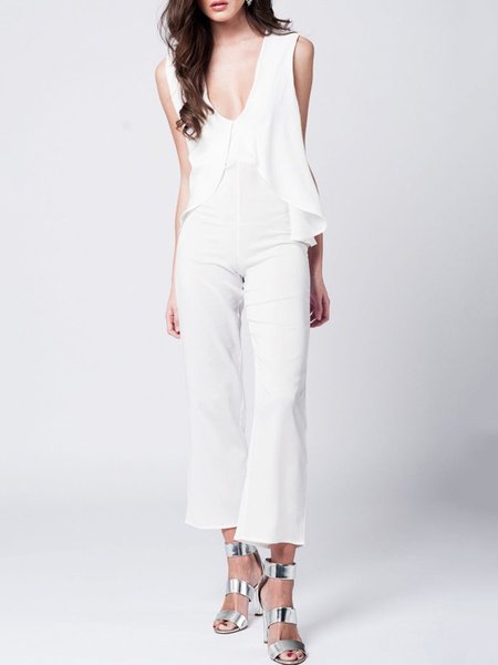 White Layered Sleeveless Crew Neck Solid Jumpsuit