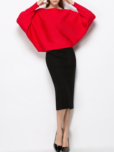 YIPINWAN Red Wool Blend Slit Work Two Piece Midi Dress