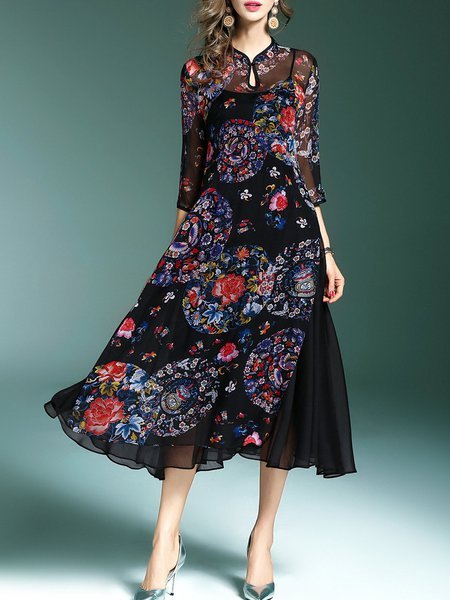 Black A-line 3/4 Sleeve Floral-print Floral Midi Dress - StyleWe.com