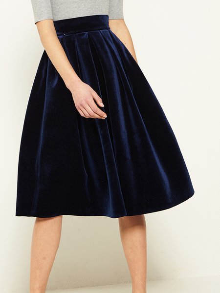 Navy Blue Velvet Elegant High Waist Skater Midi Skirt - StyleWe.com