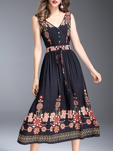 Black Buttoned Rayon Sleeveless V Neck Midi Dress - StyleWe.com