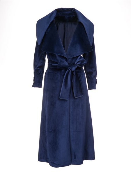 Royal Blue Velvet Plain Long Sleeve Pockets Coat With Belt - StyleWe.com