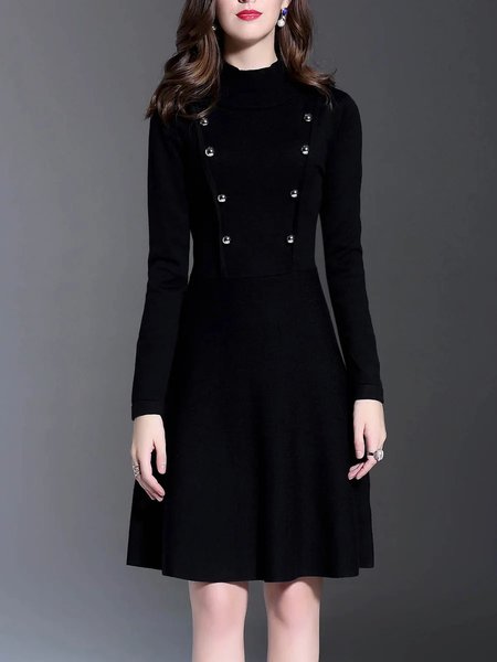 Black Turtleneck Long Sleeve Buttoned Plain Midi Dress