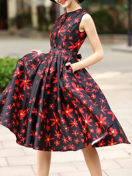 Floral Gathered Sleeveless Casual A-line Midi Dress with Belt