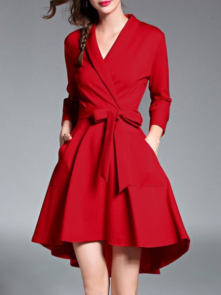 MINGYSYI Red Surplice Neck Solid High Low Elegant Midi Dress with Belt