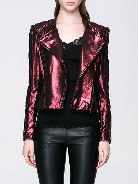 Wine Red Plain Zipper Lapel Casual Biker Jacket