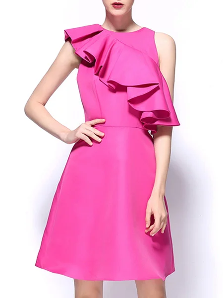 Fuchsia Ruffled A-line Polyester Sleeveless Party Dress