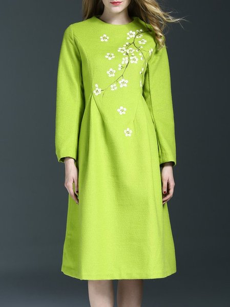 Floral Long Sleeve Wool Blend Painted Midi Dress