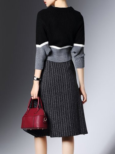 Two Piece Knitted Color-block Batwing Stripes Asymmetrical Sweater Dress