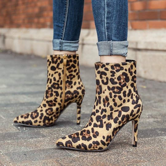 Leopard Zipper Suede Pointed Toe Boots 