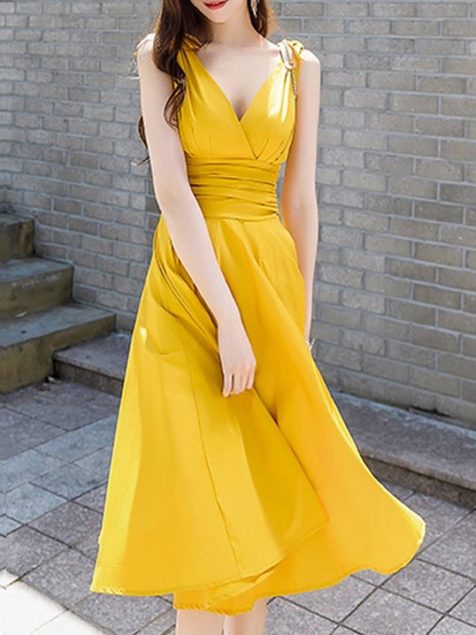 Stylewe V neck Midi Dress Aline Date Dress Sleeveless Casual Cotton