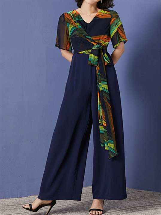 Stylewe Navy Blue Casual V Neck Knot Front Jumpsuit