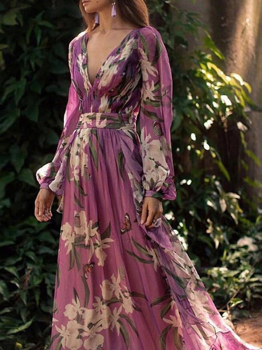 V Neck Purple Floral Printed Paneled A-Line Daily Holiday Maxi Dress