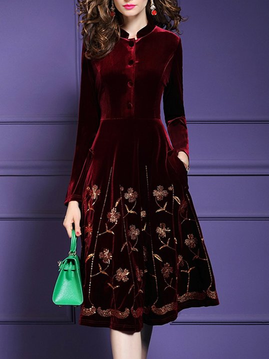 Stand Collar Burgundy Elegant Floral Midi Dress