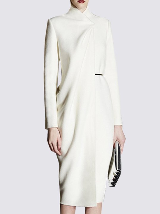 White Sheath Turtleneck Elegant Midi Dress