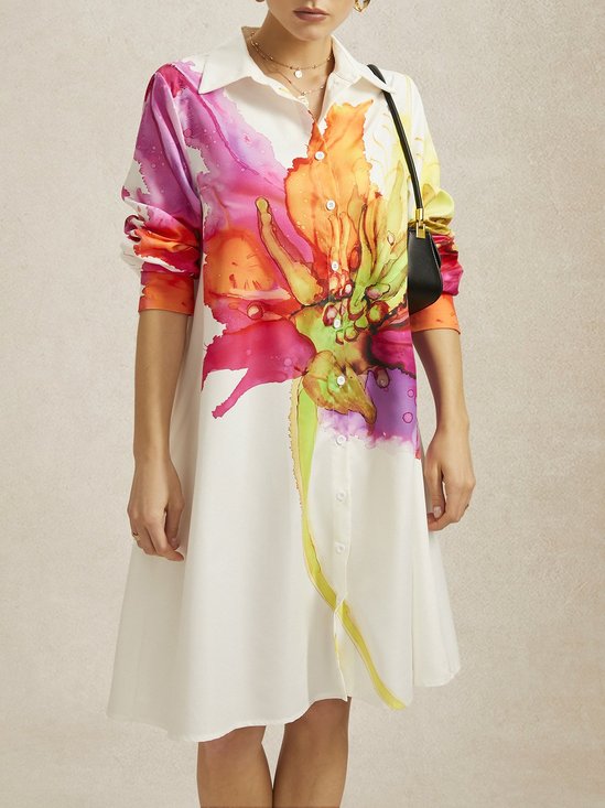 Better Basics Artistic Floral Pattern H-Line Midi Shirt Dress