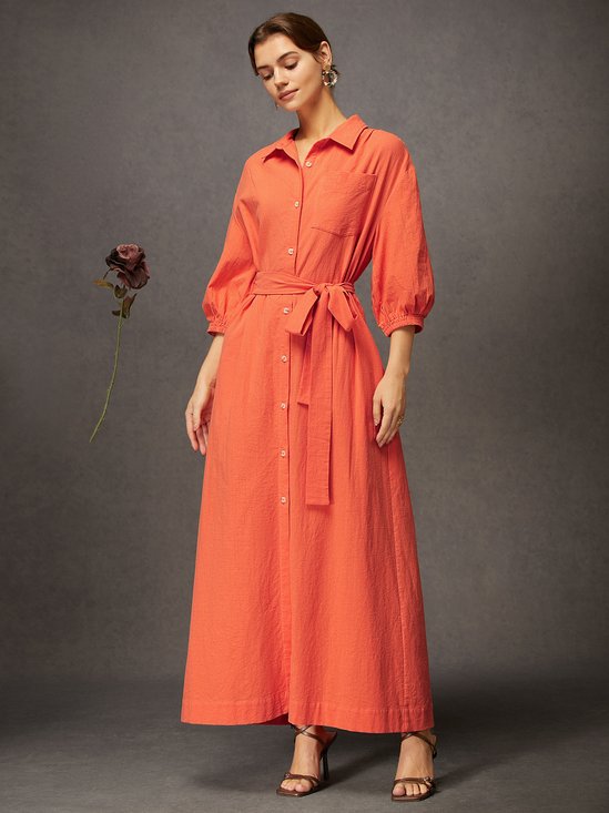 Daily Linen Button-Front Belted Maxi Shirt Dress with Pocket