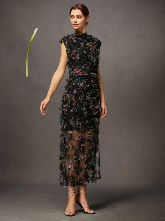 Elegant Ruched Cowl Neck Floral Chiffon Textured Slit Midi Dress