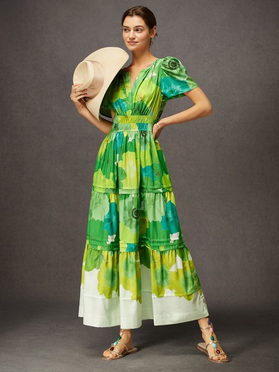 Vacation V-neck Floral Print Smocked Waist Maxi Dress with Pocket