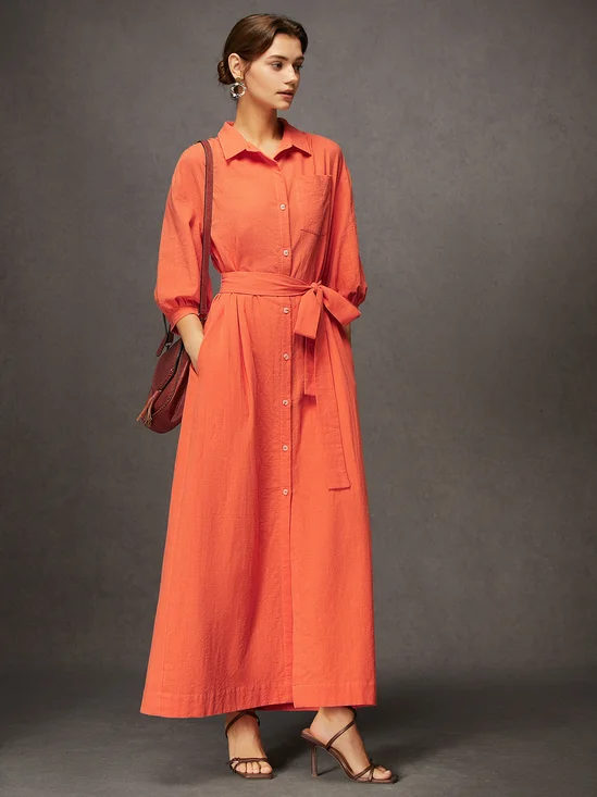 Daily Linen Button-Front Belted Maxi Shirt Dress with Pocket