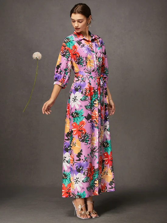 Vacation Floral Button-Front Belted Maxi Shirt Dress with Pocket