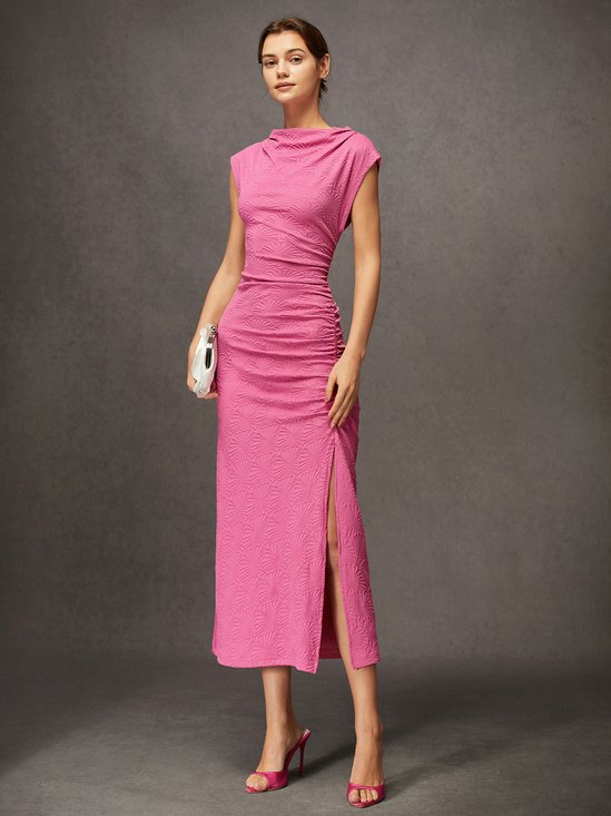 Elegant Ruched Cowl Neck Slit Textured Floral  Slim Midi Dress