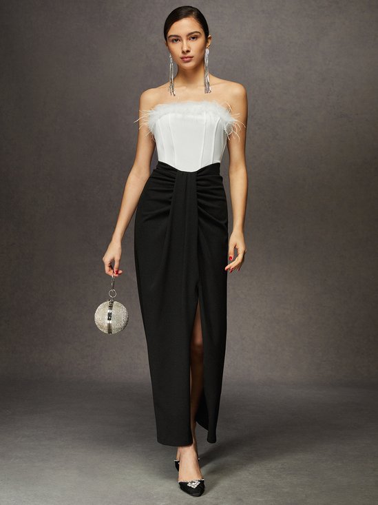 Strapless Draped Slit Color Block Maxi Dress
