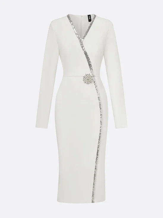 Elegant Rhinestone-Trim Midi Dress