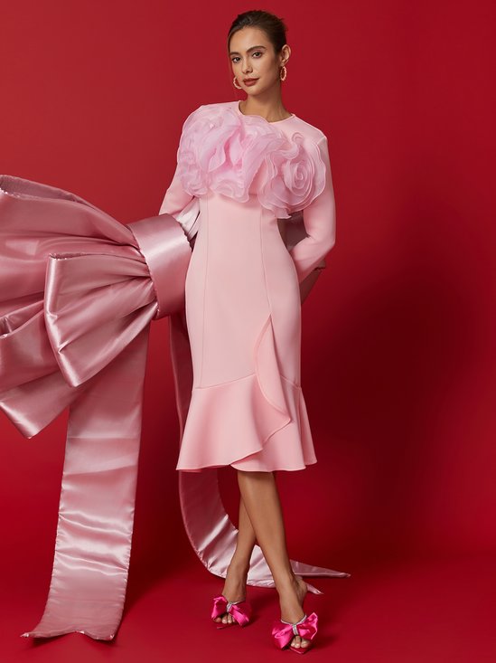 Elegant Plain 3D Floral Crew Neck Midi Dress