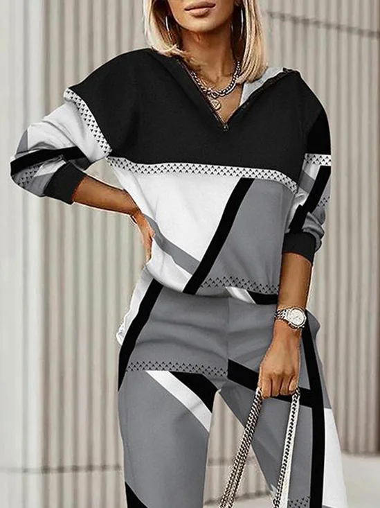 Casual V Neck Loose Color Block Sweatshirt