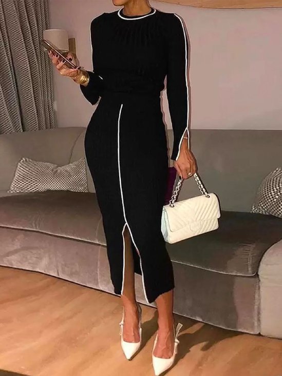 Crew Neck Elegant Color Block Long Sleeve Dress