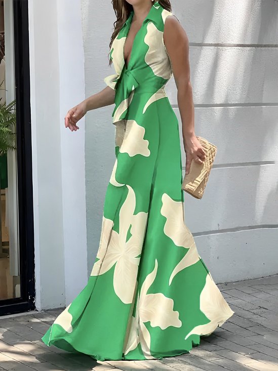 Regular Fit Vacation Floral Sleeveless Shirt Dress