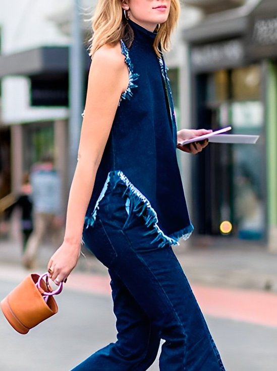 Stand Collar Plain Urban Sleeveless Shirt