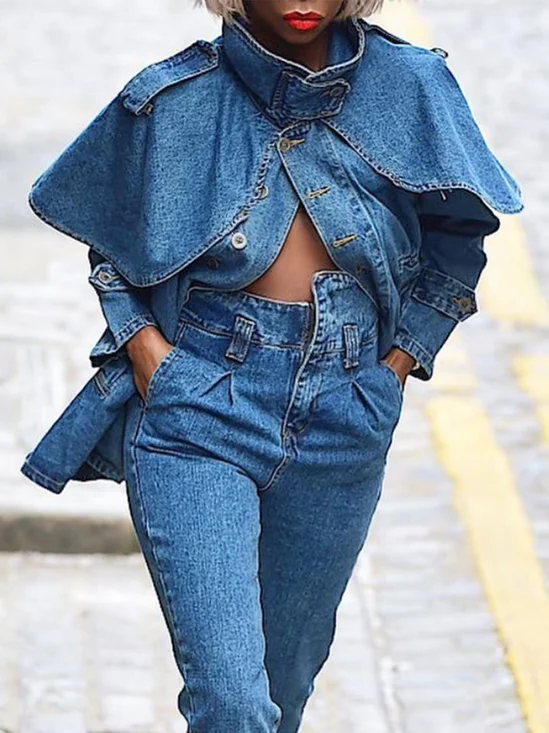 Stand Collar Long Sleeve Urban Denim Coat