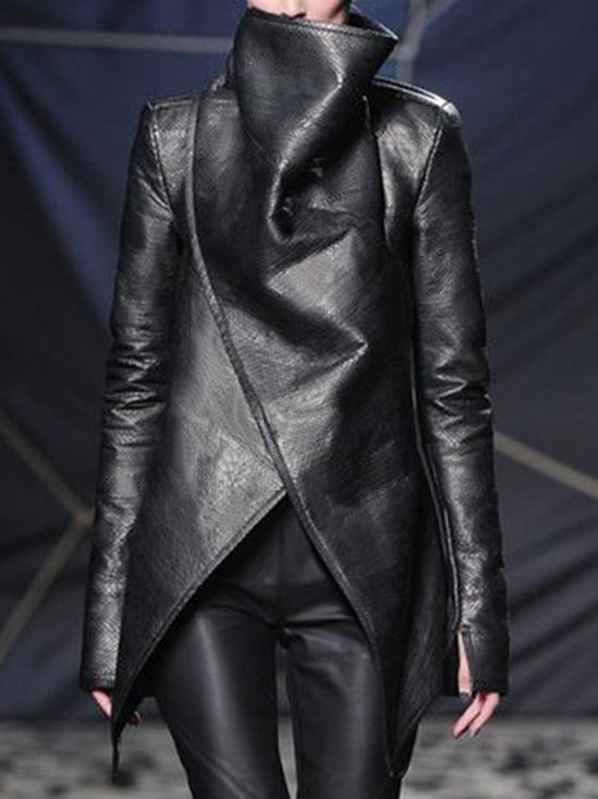 Turtleneck Urban Long Sleeve Plain Faux Leather Coat