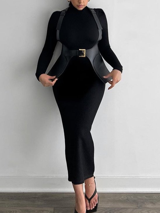 Turtleneck Long Sleeve Tight Elegant Maxi Dress With Belt