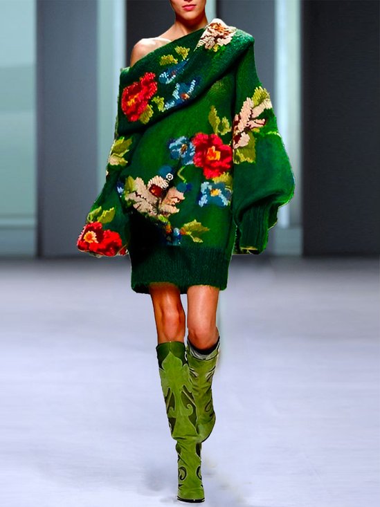 Elegant Loose Floral Cold Shoulder Sweater Mini Dress With No Belt