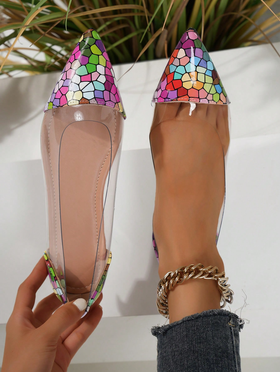 Multicolor Printed PVC Flat Heel Shallow Shoes