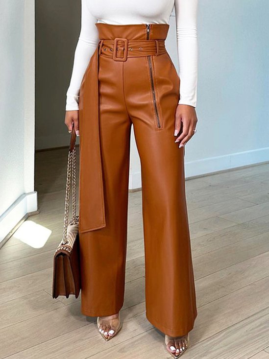 Plus Size Urban High Waist Plain Leather Pants With Belt