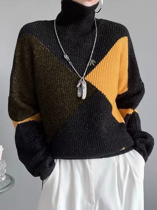 High Elasticity Loose Long Sleeve Geometric Turtleneck Casual Sweater