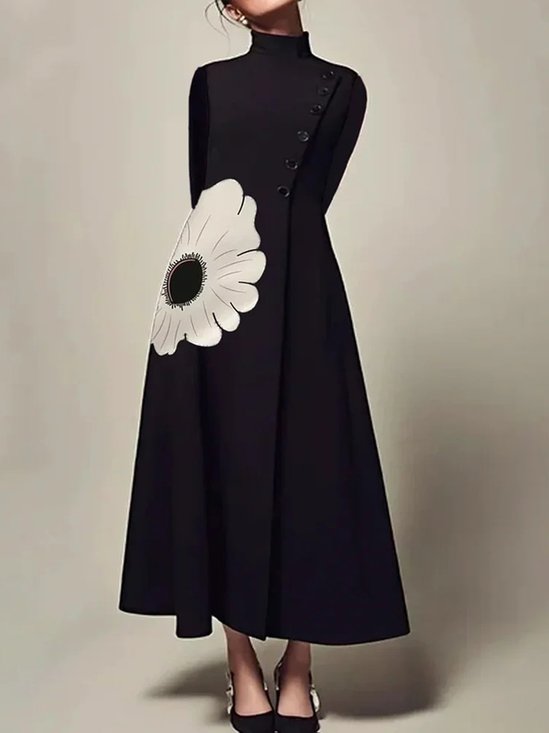 Elegant Floral Buttoned  Stand Collar Dress