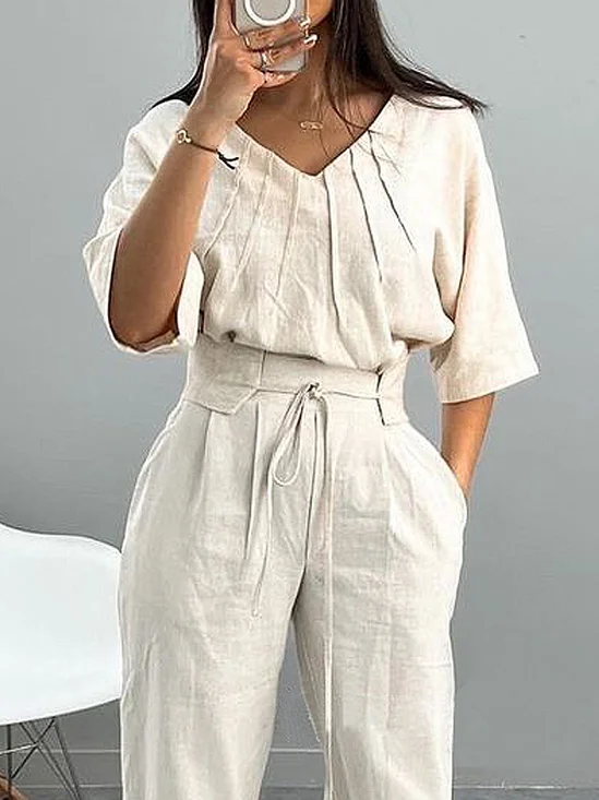 Urban Loose V Neck Short Sleeve Linen Shirt
