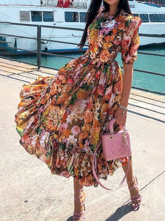 Vacation Floral Crew Neck Dress